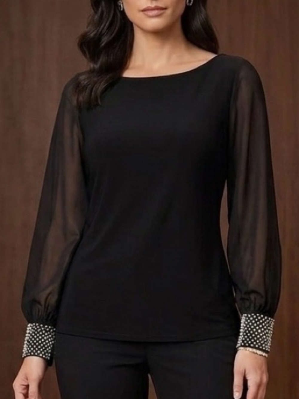 Nicole Miller Black Long-Sleeve Blouse with Embellished Cuffs NWT